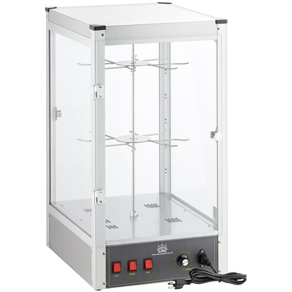 A white metal box with a glass door holding pretzels.