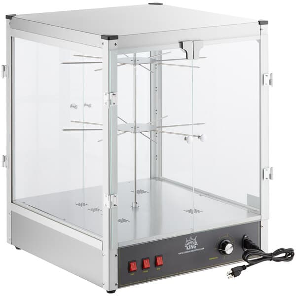A glass box with a black and silver base and a glass door on a Carnival King Churro Display Warmer.