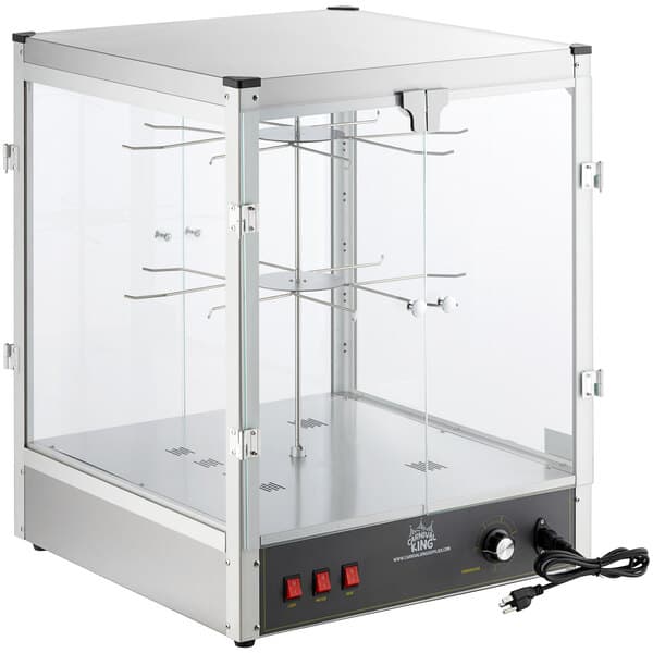 A Carnival King countertop pretzel warmer with a glass door.