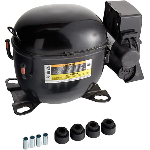 A black air compressor with a yellow label on the front.