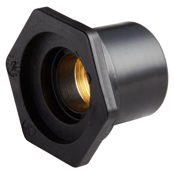 A black threaded metal ring with gold nuts.