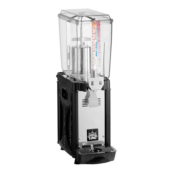 A single-bowl refrigerated beverage dispenser with a clear 5-gallon container and a black base.