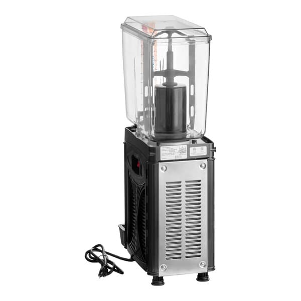 A single-bowl refrigerated beverage dispenser with a clear container and a black and silver base.