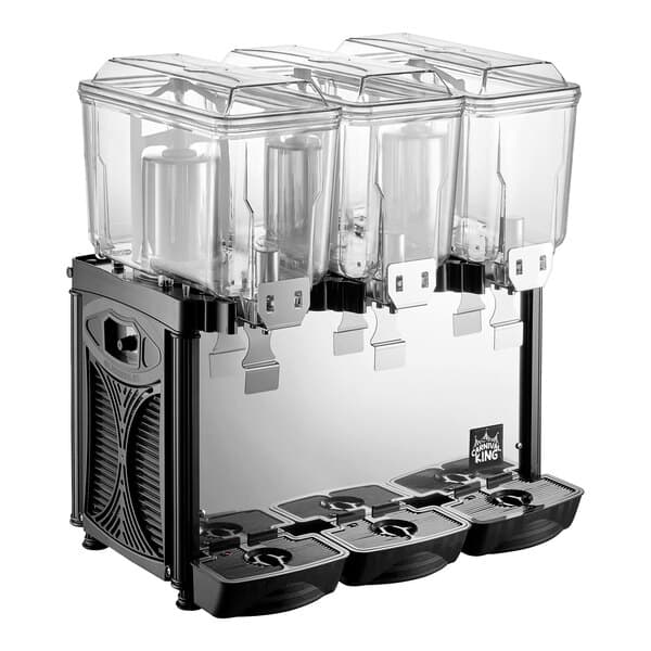A Carnival King refrigerated beverage dispenser with three clear bowls.
