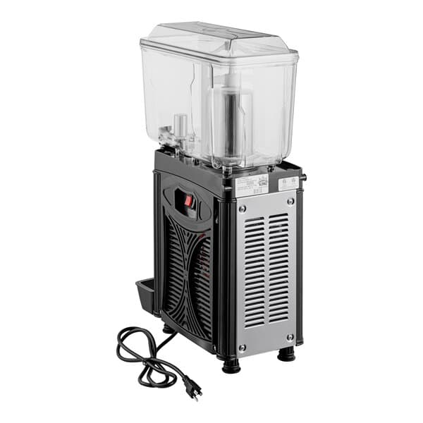 A single-bowl refrigerated beverage dispenser with a clear 3-gallon container and a black base.