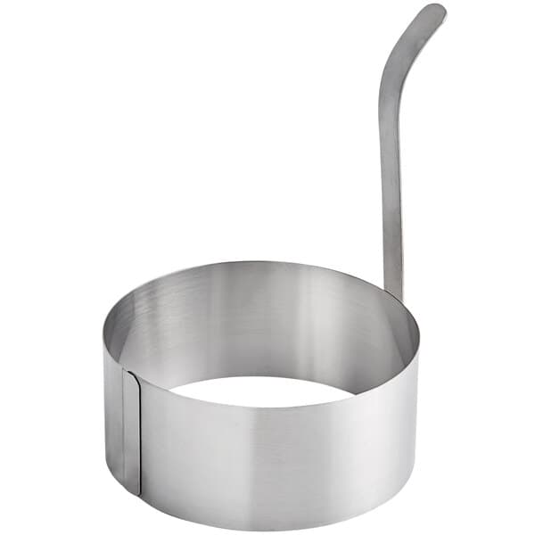 A stainless steel Carnival King funnel cake mold ring with a long handle.