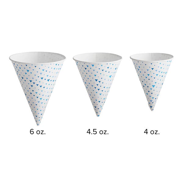 A group of Carnival King paper cone cups with blue triangle designs.