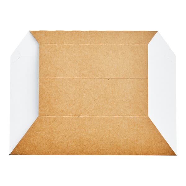 A brown and white square cardboard box with a corner cut out, containing white paper sleeves.