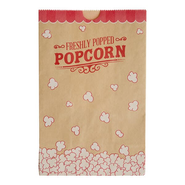 A brown Kraft paper bag with red and white text for Carnival King popcorn.