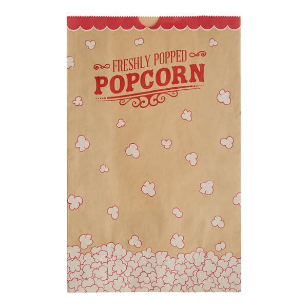 A brown paper Carnival King popcorn bag with red and white text.
