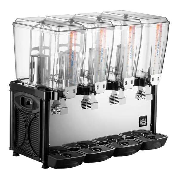 A quadruple 5-gallon bowl refrigerated beverage dispenser with four clear containers and individual spouts.