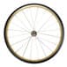 A white bicycle wheel with a black rim and black spokes.