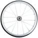 A white bicycle wheel with spokes.