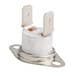 A close-up of a white and silver Carnival King kettle thermostat with two holes in it.