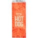 A red paper hot dog bag with orange and white text on a white background.