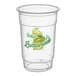 A clear 16 oz. plastic cup with a lemon graphic and the words 'Ice Cold Lemonade' printed on it.