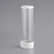A white cylindrical object with a white cap containing a clear plastic container with a white lid.