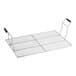 A stainless steel metal grid with black handles.