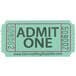 A roll of green Carnival King "Admit One" tickets with the words "Admit One" in white.