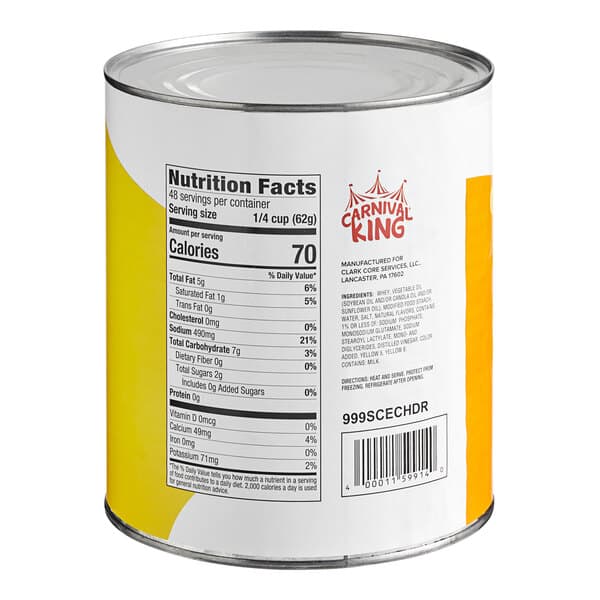 A case of 6 Carnival King #10 cans of Cheddar Cheese Sauce with a label.