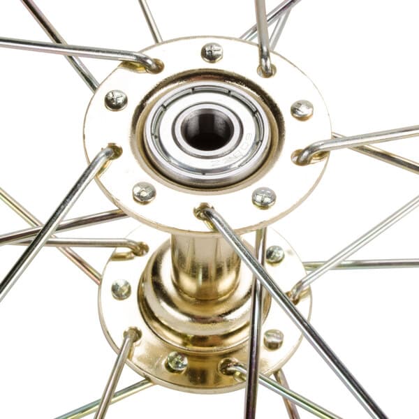 A close-up of a metal wheel with a metal hub.