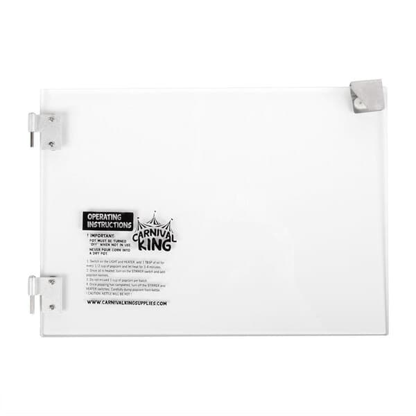 A white rectangular plastic door with metal hinges.