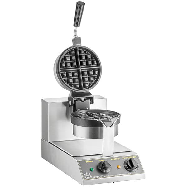 A Carnival King non-stick Belgian waffle maker on a metal stand with a round lid.