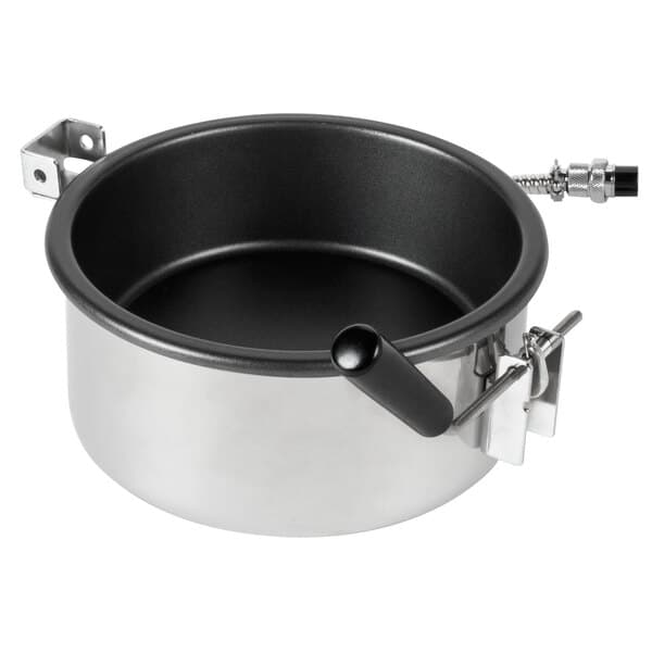 A silver Carnival King 8 oz. popcorn kettle with a black handle and lid.