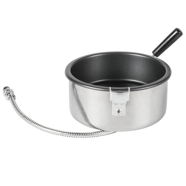 A stainless steel Carnival King 8 oz. popcorn kettle with a black handle.