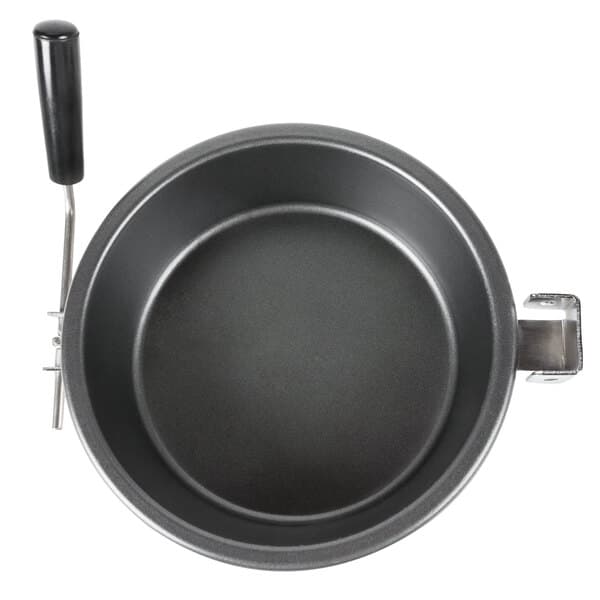 A black pan with a handle.