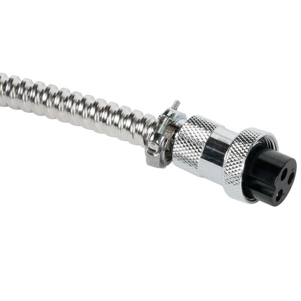 A metal hose with a black and silver connector.