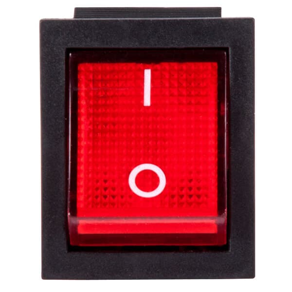 A red switch with a white circle on the top.