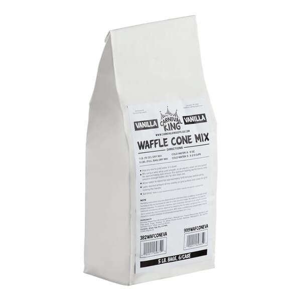 A white Carnival King Vanilla Waffle Cone Mix bag with a label.