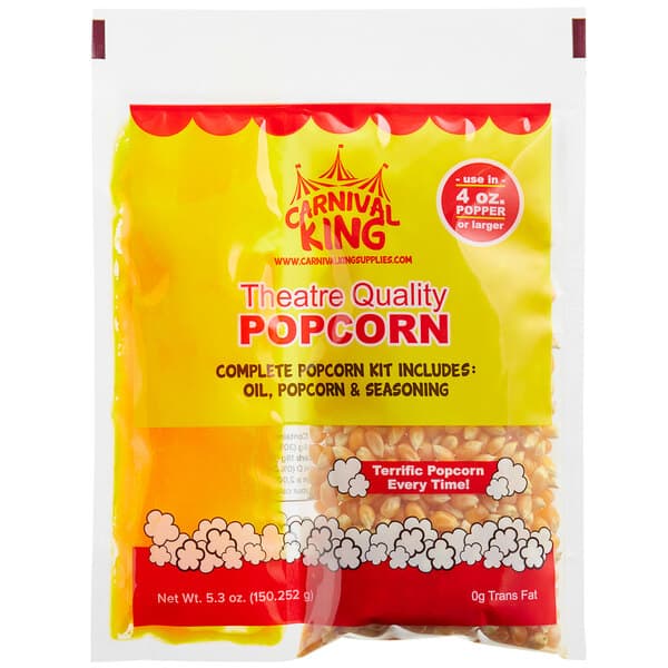 A yellow and white bag of Carnival King All-In-One Popcorn Kit for 4 oz. Popper.