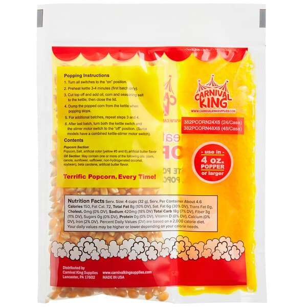A white Carnival King popcorn bag with text and images.