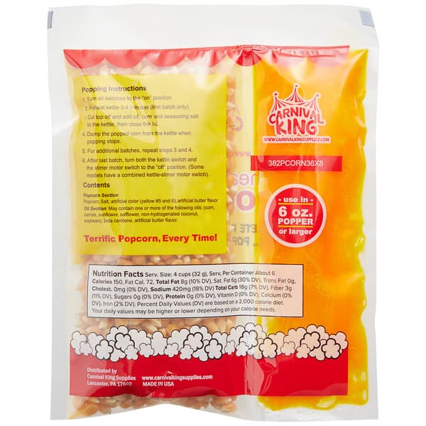 A white bag of Carnival King popcorn with a red and yellow label.