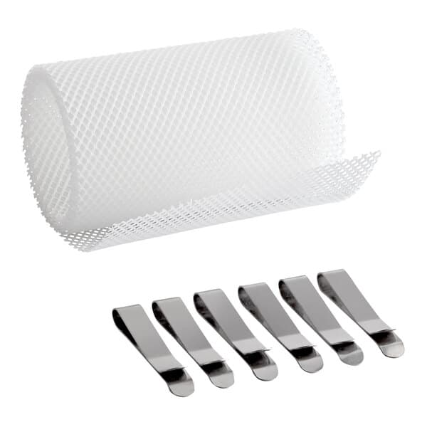 A white mesh stabilizer net and six metal clips for cotton candy machines.