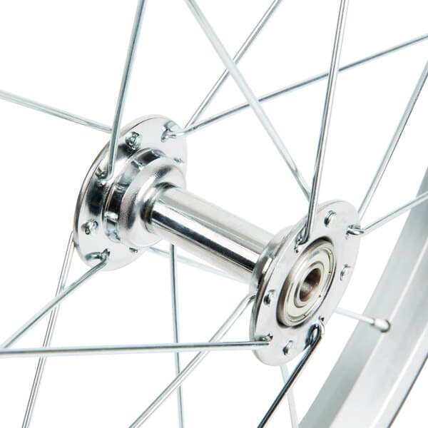 A close-up of a wheel with spokes.