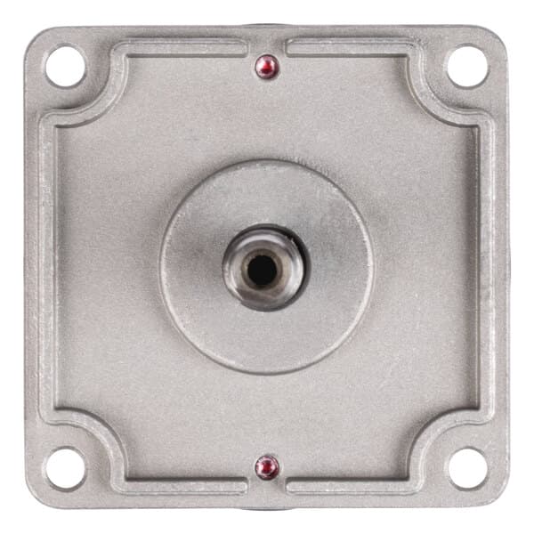 A metal square with holes and a red button.