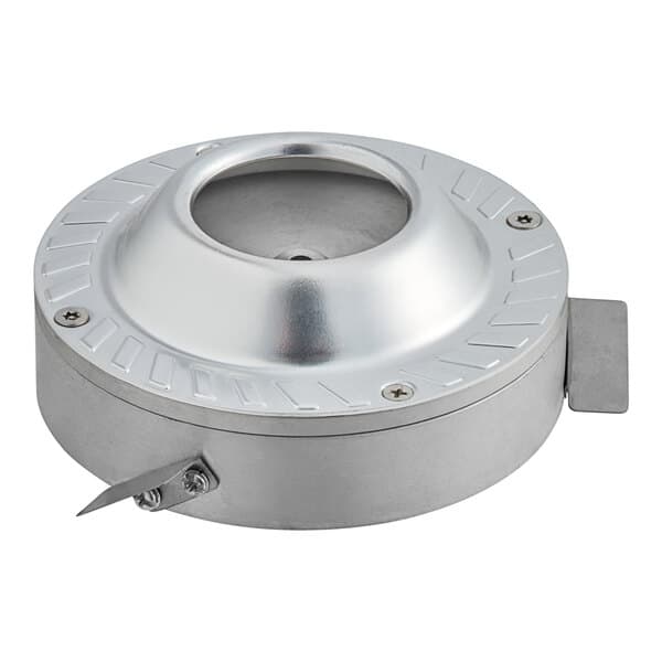 A stainless steel round metal object with a hole in the center and a metal handle.