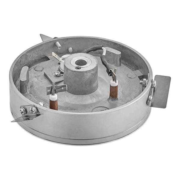 A round metal Carnival King Floss heating head with wires and a metal cover.