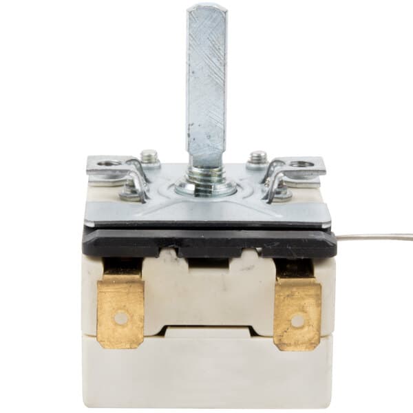 A close-up of a white Carnival King thermostat switch with wires attached.