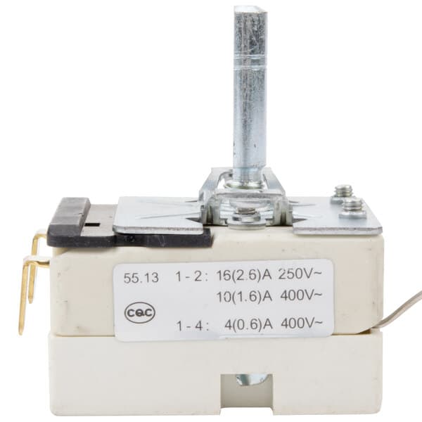 A close-up of a white and black Carnival King thermostat.