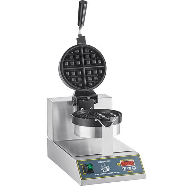 A Carnival King commercial waffle maker with a digital timer and temperature controls.