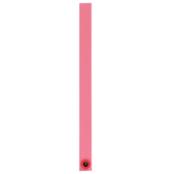 A pink rectangular object with a white border and a black button on it.