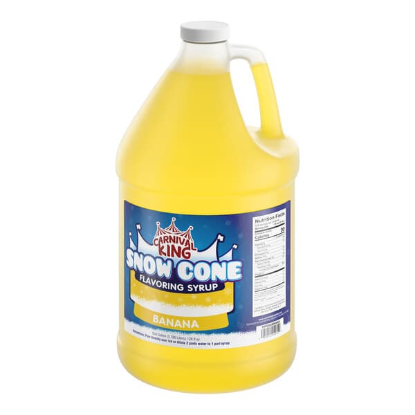 A gallon jug of Carnival King banana-flavored snow cone syrup.