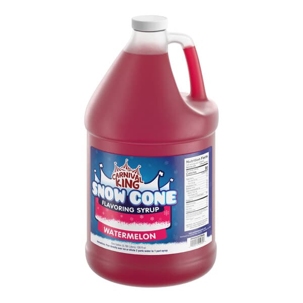 A one-gallon jug of Carnival King watermelon snow cone flavoring syrup.