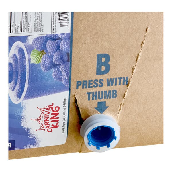 A 5-gallon box of Carnival King blue raspberry slushy concentrate with a dispensing spout.