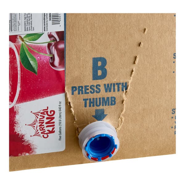 A 5-gallon box of Carnival King cherry slushy concentrate with a dispensing spout.