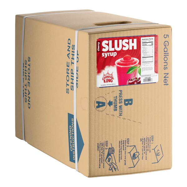 A 5-gallon box of Carnival King cherry slush syrup concentrate.